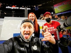 The Utah Athletics digital team celebrates a season-opening football win in 2021.